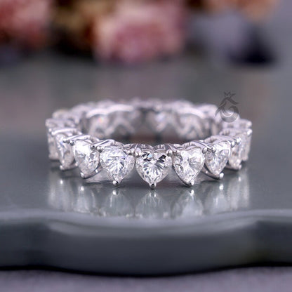 4MM Heart Cut Moissanite Wedding Band, Full Eternity Stackable Band for Her