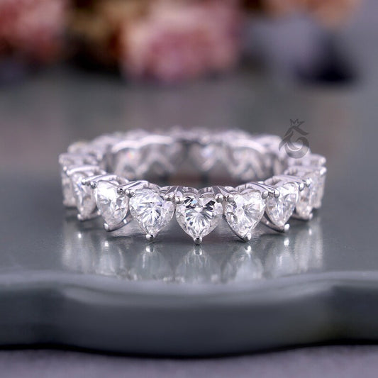4MM Heart Cut Moissanite Wedding Band, Full Eternity Stackable Band for Her