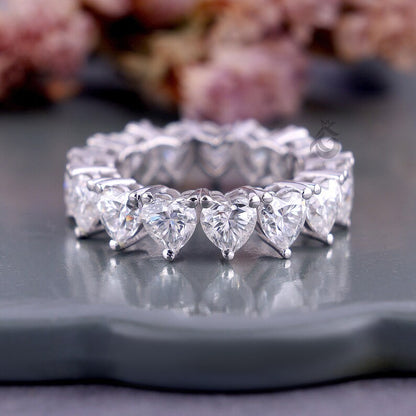 5MM Heart Cut Moissanite Eternity Band, Prong Set Engagement Ring, Stackable Wedding Band
