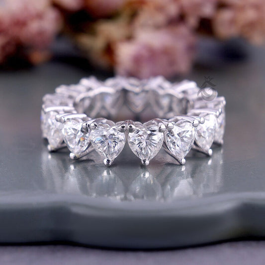 5MM Heart Cut Moissanite Eternity Band, Prong Set Engagement Ring, Stackable Wedding Band