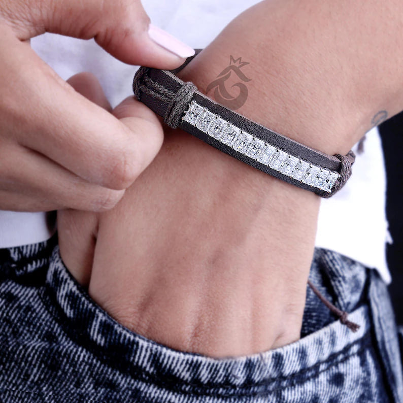 6.90 CT Radiant Moissanite Leather Bracelet for Men, Adjustable Minimalist Gift