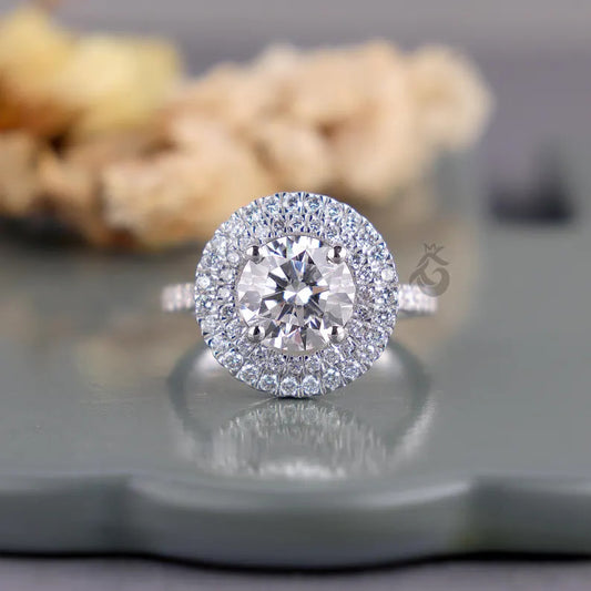Double Halo Round Lab Diamond Ring, 1.00–3.00 CT, 14K White Gold Engagement Ring