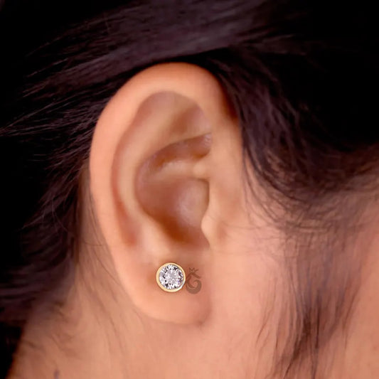 1.30 TCW Round Moissanite Stud Earrings, Bezel Set, Screw Back, Yellow Gold