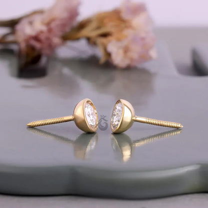 1.30 TCW Round Moissanite Stud Earrings, Bezel Set, Screw Back, Yellow Gold