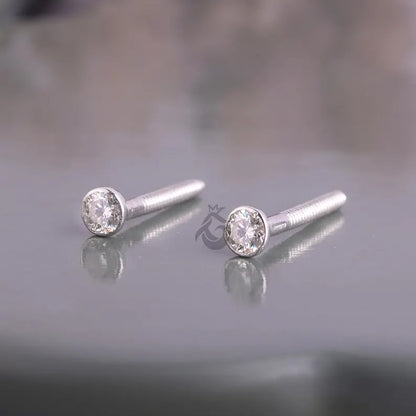 Round Moissanite Stud Earrings for Women, Bezel Set, Screw Back, Minimalist Gold Studs