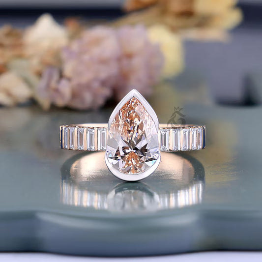 2.00 CT Pear Cut Pink Lab Diamond Ring, Half Bezel Set with Baguette Sides