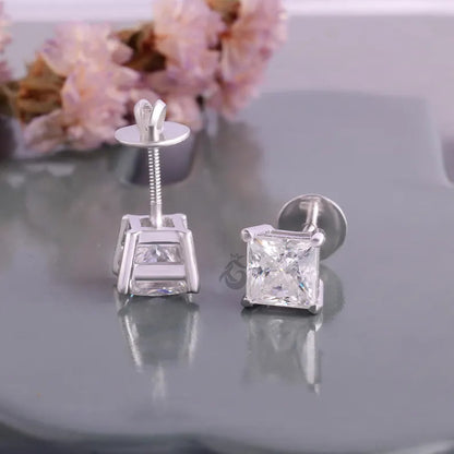 4.30 CT Princess Cut Moissanite Stud Earrings, Screw Back Wedding Earrings for Her