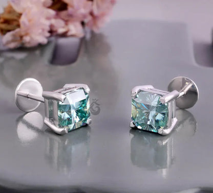 5.40 TCW Fantasy Square Cyan Blue Moissanite Stud Earrings, Screw Back Solitaire Earrings for Her