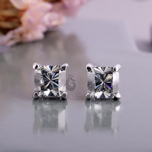 2.70 TCW Dark Grey Fantasy Square Moissanite Stud Earrings, Solitaire Screw Back Diamond Studs