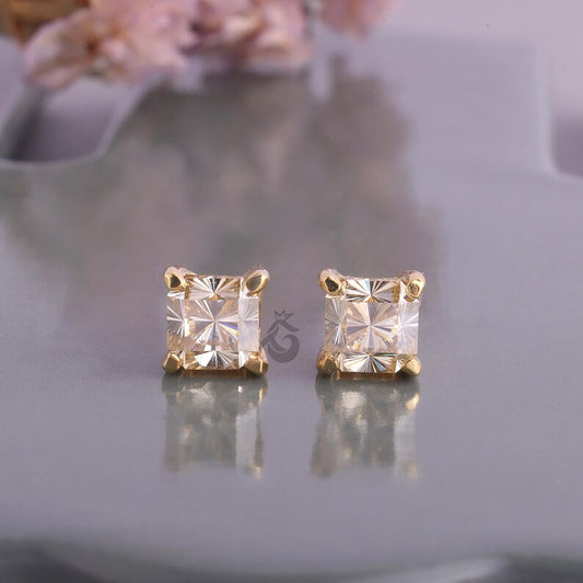 1.60 TCW Yellow Fantasy Square Moissanite Stud Earrings, Screw Back Tiny Earrings for Women/Men
