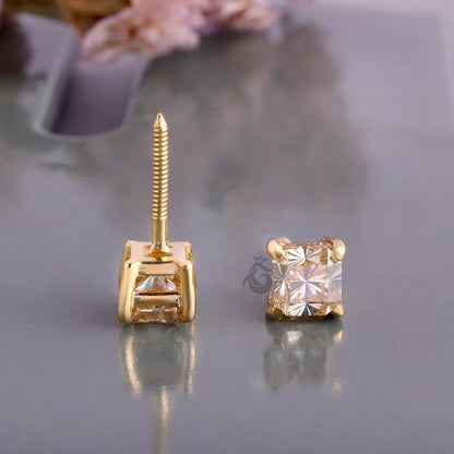1.60 TCW Yellow Fantasy Square Moissanite Stud Earrings, Screw Back Tiny Earrings for Women/Men