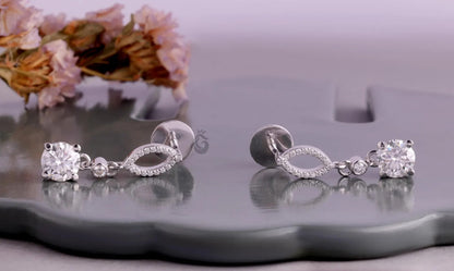 14K White Gold Round Moissanite Drop Earrings – Screw Back Dangle Wedding Earrings for Women