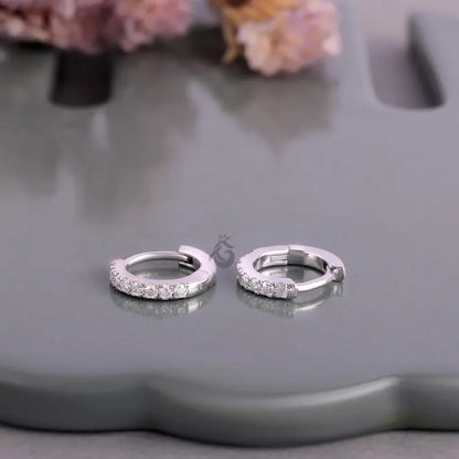 14K White Gold Round Moissanite Hoop Earrings – Pave Set Huggie Earrings for Women