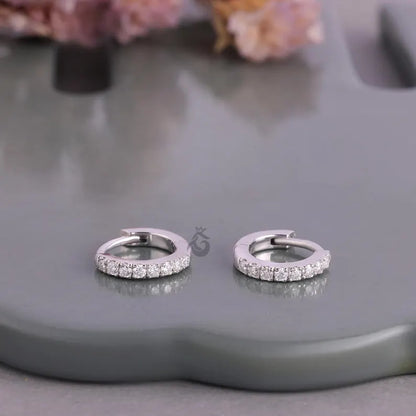14K White Gold Round Moissanite Hoop Earrings – Pave Set Huggie Earrings for Women
