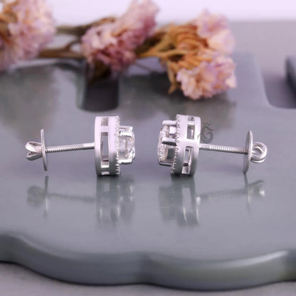 2.40 TCW Round Moissanite Halo Stud Earrings – 4 Prong Screw Back Wedding Earrings for Women
