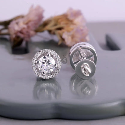 2.40 TCW Round Moissanite Halo Stud Earrings – 4 Prong Screw Back Wedding Earrings for Women