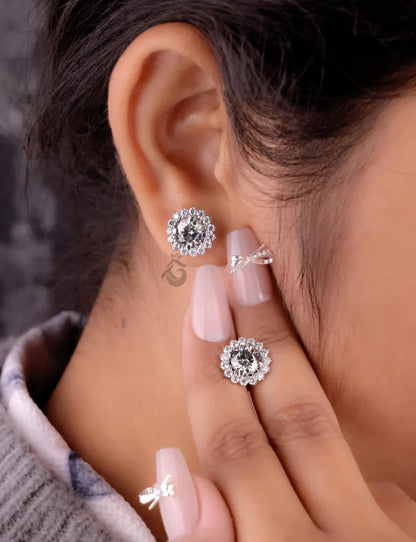 Round Grey Moissanite Floral Halo Stud Earrings – Screw Back Wedding Earrings for Her