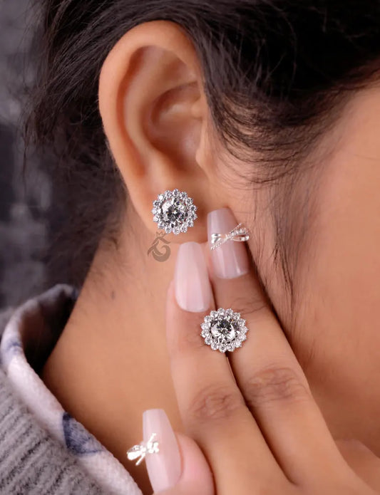 Round Grey Moissanite Floral Halo Stud Earrings – Screw Back Wedding Earrings for Her