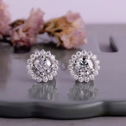 Round Grey Moissanite Floral Halo Stud Earrings – Screw Back Wedding Earrings for Her