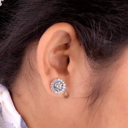 Round Grey Moissanite Floral Halo Stud Earrings – Screw Back Wedding Earrings for Her