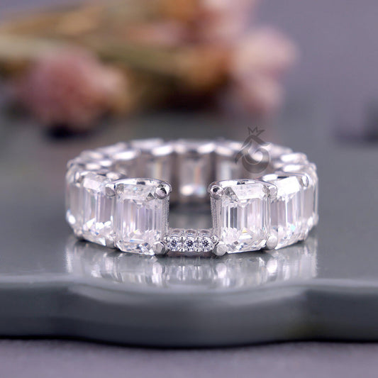 7x5MM Emerald Cut Moissanite Full Eternity Wedding Band, U-Prong Stackable Matching Ring