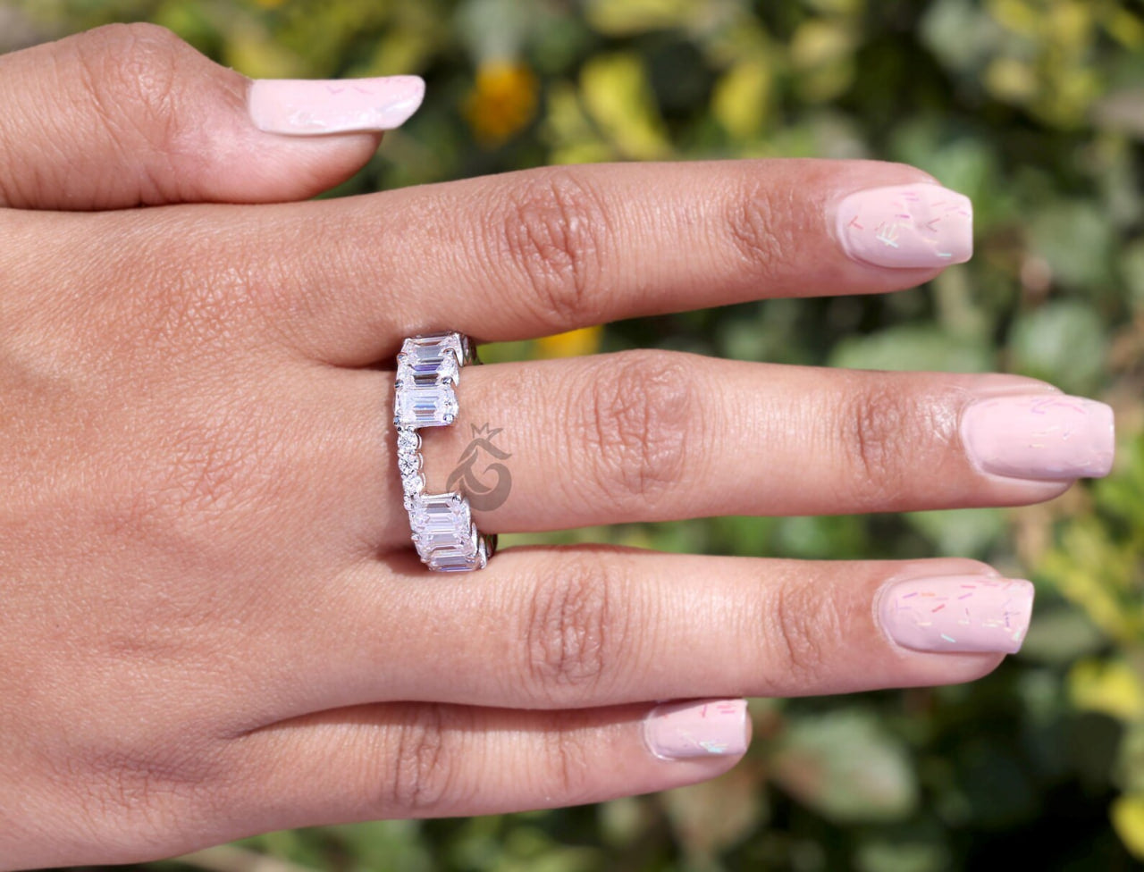 7x5MM Emerald Cut Moissanite Full Eternity Wedding Band, U-Prong Stackable Matching Ring
