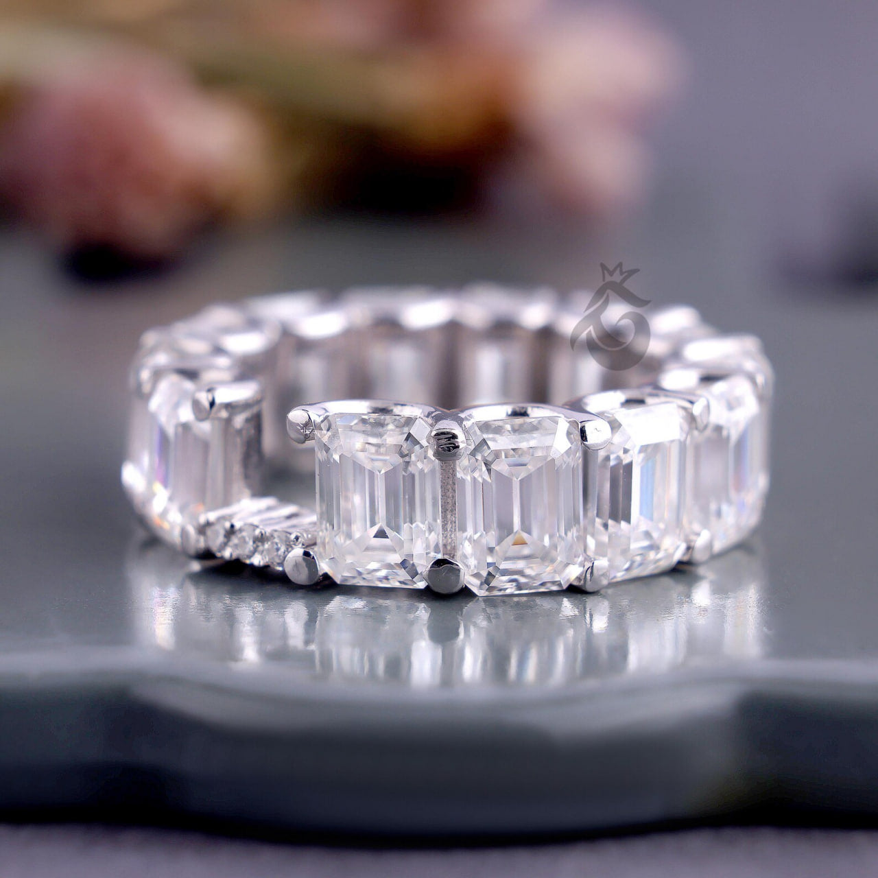 7x5MM Emerald Cut Moissanite Full Eternity Wedding Band, U-Prong Stackable Matching Ring