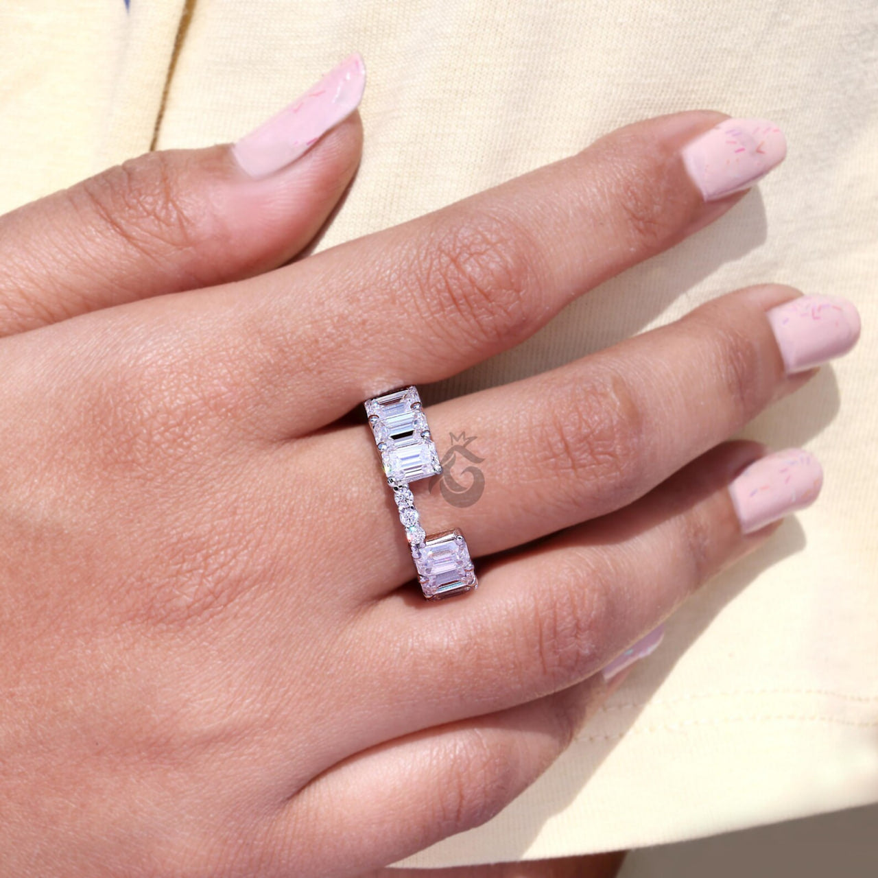 7x5MM Emerald Cut Moissanite Full Eternity Wedding Band, U-Prong Stackable Matching Ring