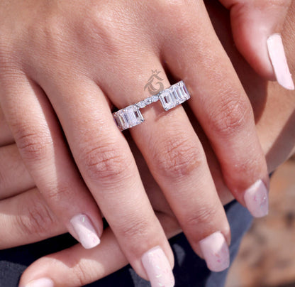 7x5MM Emerald Cut Moissanite Full Eternity Wedding Band, U-Prong Stackable Matching Ring