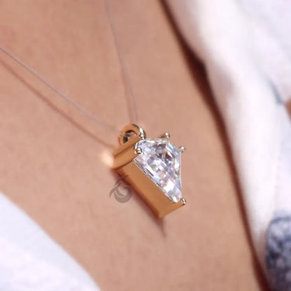 3.20 CT Unique Cut Moissanite Solitaire Pendant, 18K Yellow Gold Invisible Necklace in All Lengths