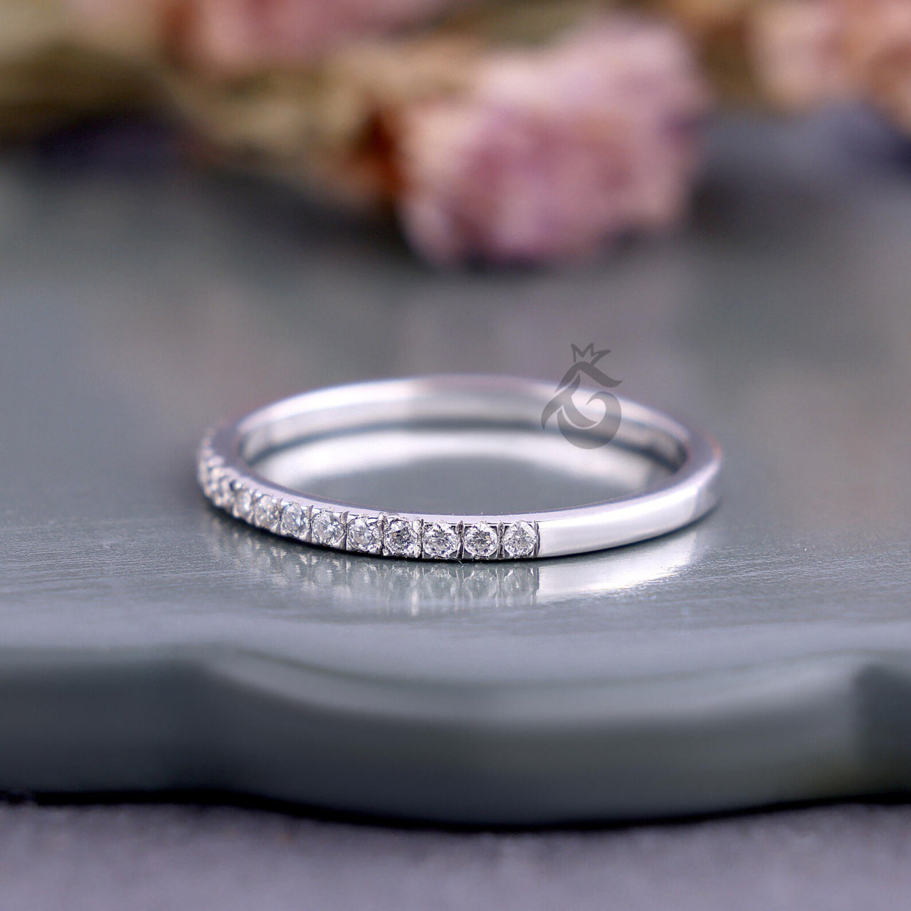 14K White Gold Lab Diamond Half Eternity Band, Dainty Stackable Ring