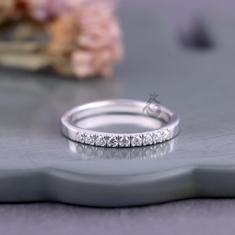 2MM Lab Diamond Half Eternity Band, Dainty Stacking Ring for Women
