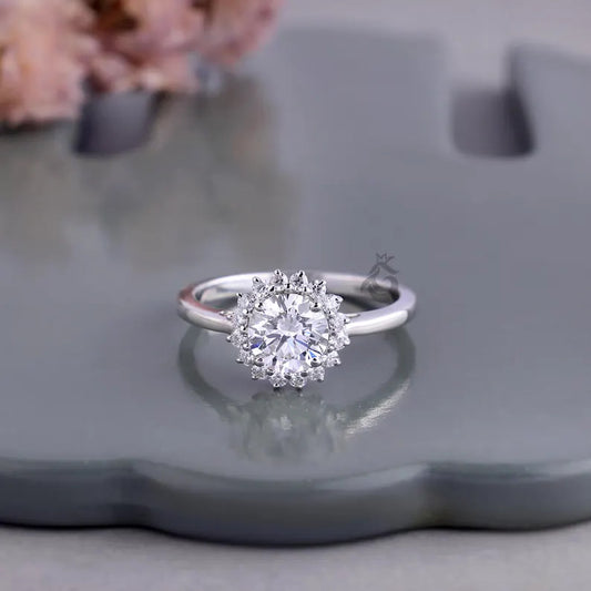 Sunburst Halo Lab Diamond Ring, 1.03 CT Cluster Engagement Ring for Women