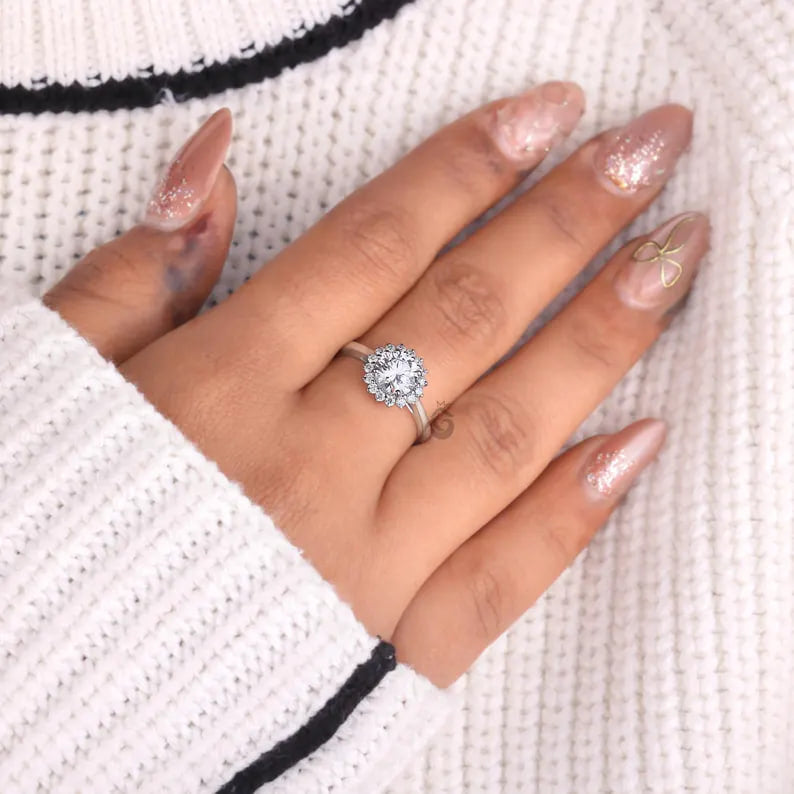 Sunburst Halo Lab Diamond Ring, 1.03 CT Cluster Engagement Ring for Women