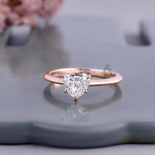 Heart Cut Lab Diamond Solitaire Ring, 14K Rose Gold Engagement Band
