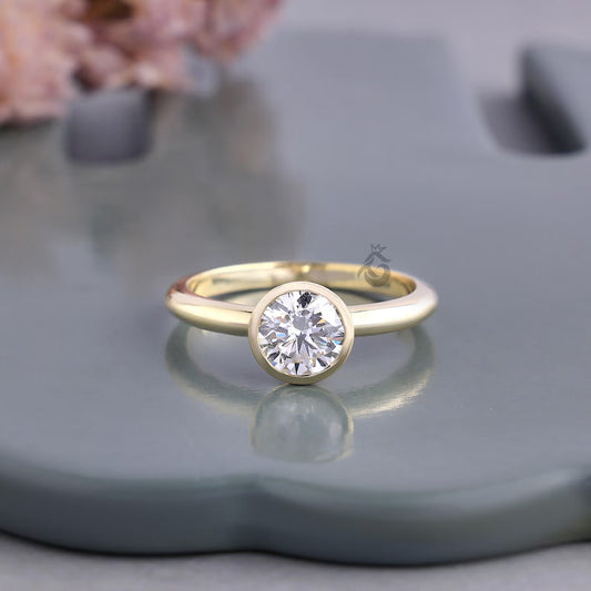 Bezel Set 1.00 CT Lab Diamond Solitaire Ring, Minimalist Wedding Band