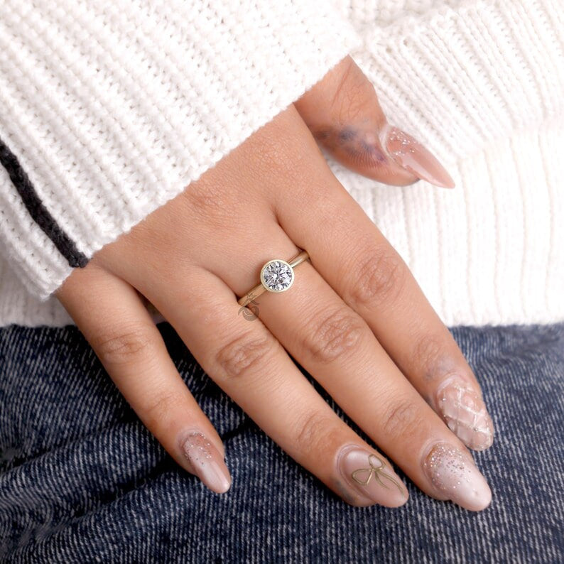 Bezel Set 1.00 CT Lab Diamond Solitaire Ring, Minimalist Wedding Band