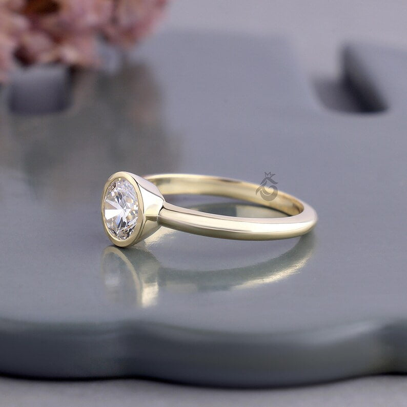 Bezel Set 1.00 CT Lab Diamond Solitaire Ring, Minimalist Wedding Band