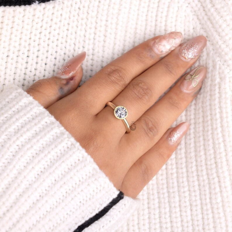 Bezel Set 1.00 CT Lab Diamond Solitaire Ring, Minimalist Wedding Band