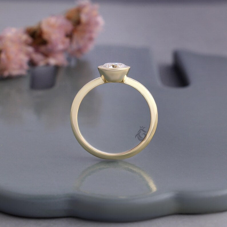 Bezel Set 1.00 CT Lab Diamond Solitaire Ring, Minimalist Wedding Band