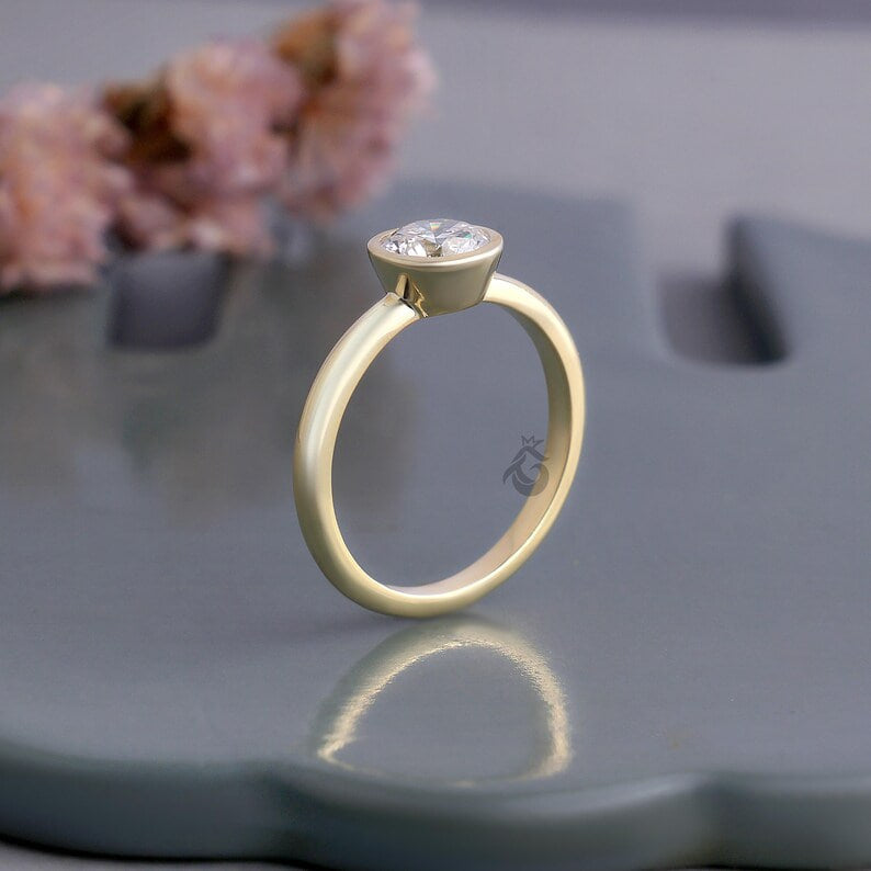 Bezel Set 1.00 CT Lab Diamond Solitaire Ring, Minimalist Wedding Band