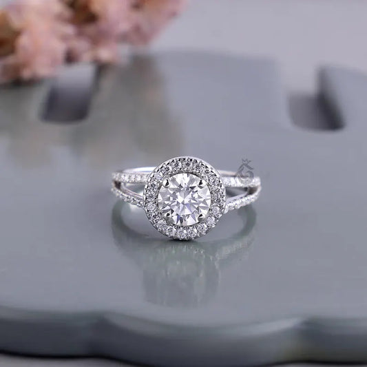 Vintage Halo Lab Diamond Ring, Split Shank Pave Engagement Ring