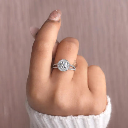 Vintage Halo Lab Diamond Ring, Split Shank Pave Engagement Ring