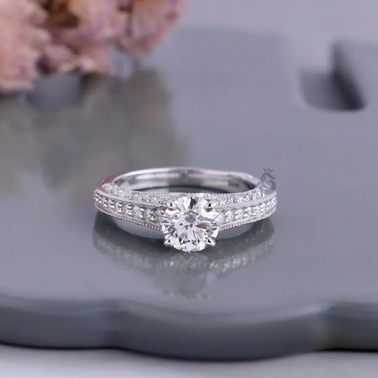 1.03 CT Lab Diamond Vintage Engagement Ring, Mil grain Pave Bridal Ring