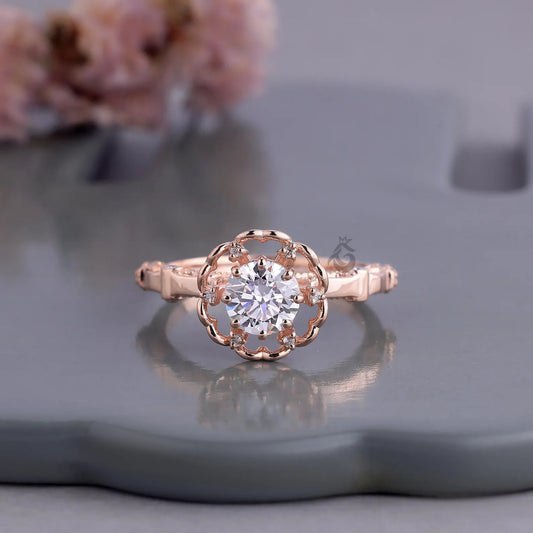 Floral Lab Diamond Engagement Ring, Rose Gold Petal Art Deco Ring