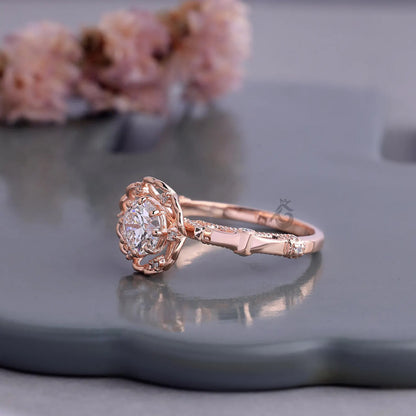 Floral Lab Diamond Engagement Ring, Rose Gold Petal Art Deco Ring