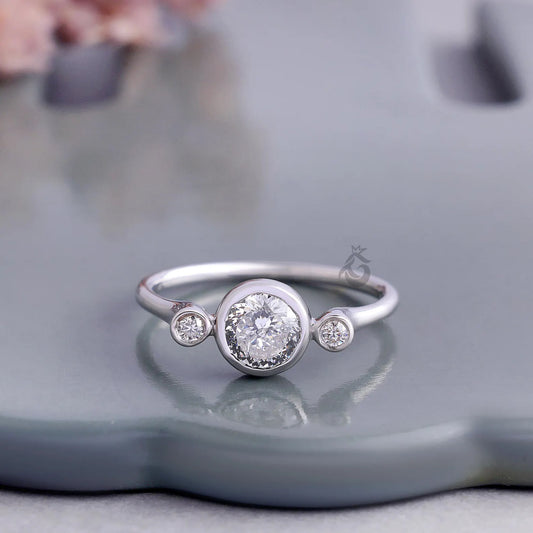 Portuguese Cut Bezel Set Lab Diamond Ring, Three Stone Anniversary Ring