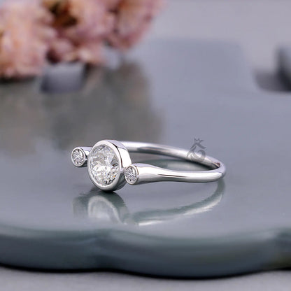 Portuguese Cut Bezel Set Lab Diamond Ring, Three Stone Anniversary Ring