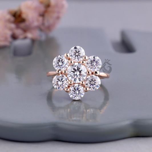 Antique Flower Style Cluster Ring, 7 Stone Lab Diamond Vintage Engagement Ring for Women