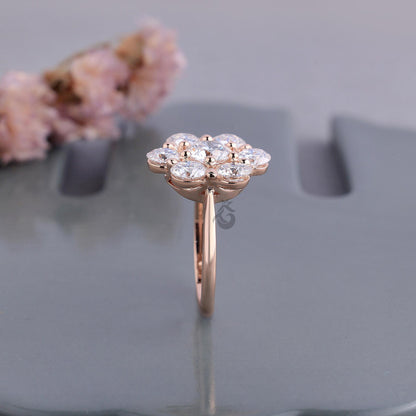 Antique Flower Style Cluster Ring, 7 Stone Lab Diamond Vintage Engagement Ring for Women